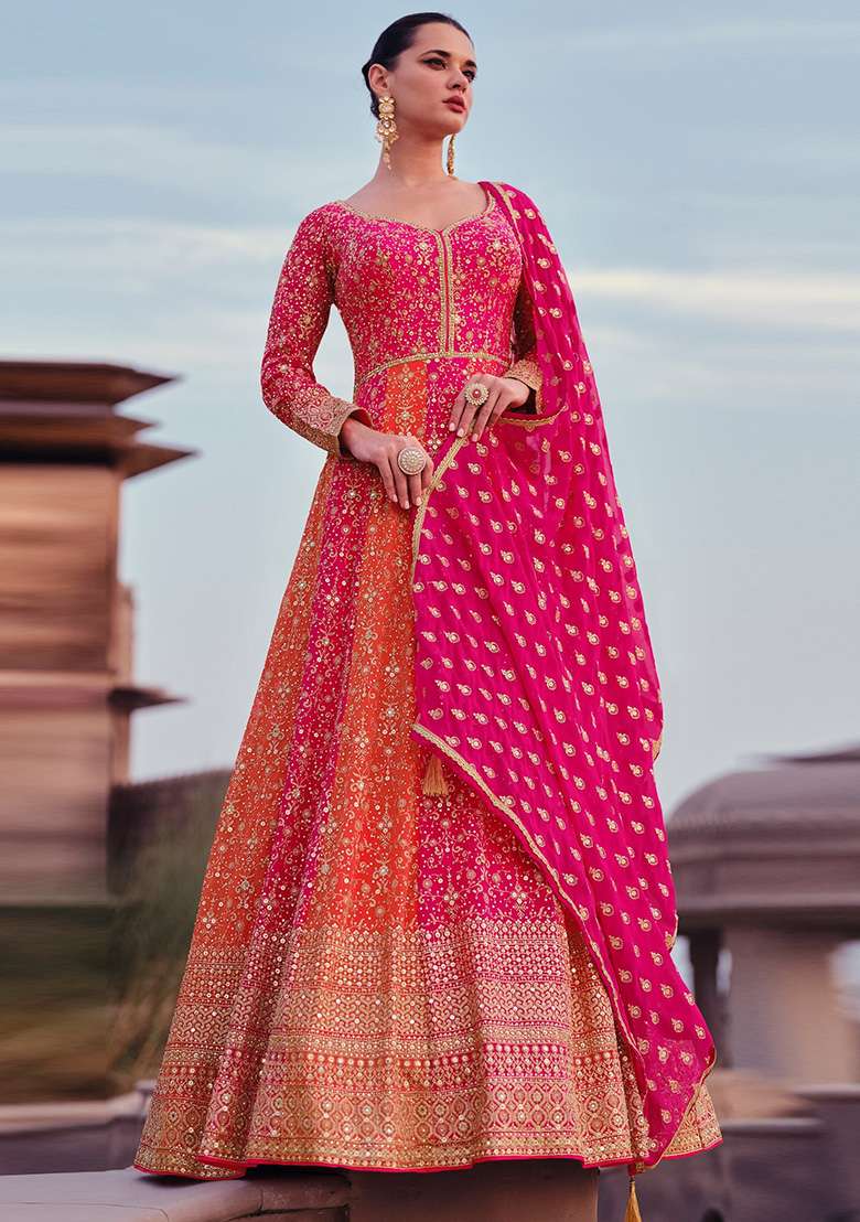 Pink Embroidered Georgette Anarkali With Dupatta With Dupatta - Indya