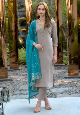 Grey Embroidered Cotton Silk Blend Salwar Kameez With Dupatta