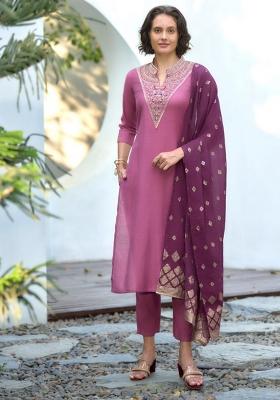 Purple Embroidered Cotton Silk Blend Salwar Kameez With Dupatta