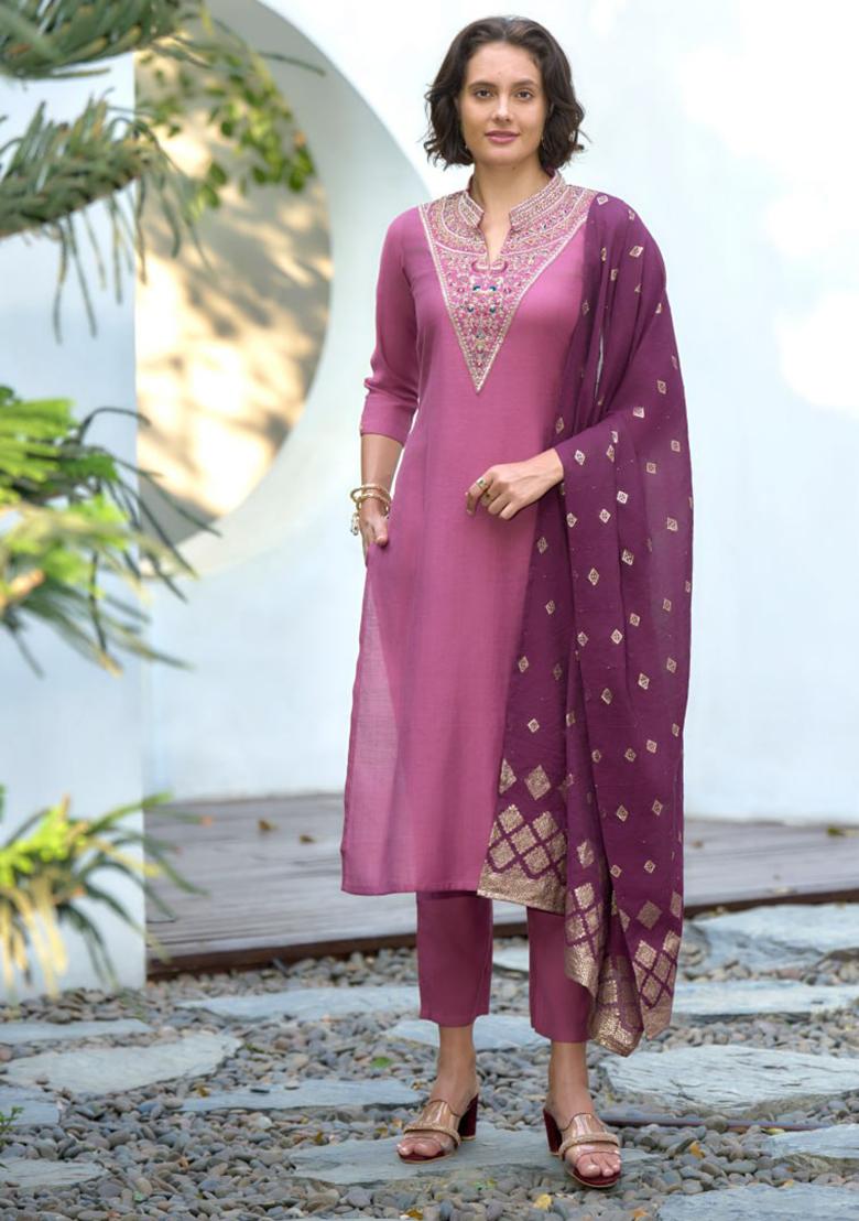 Purple Embroidered Cotton Silk Blend Salwar Kameez With Dupatta