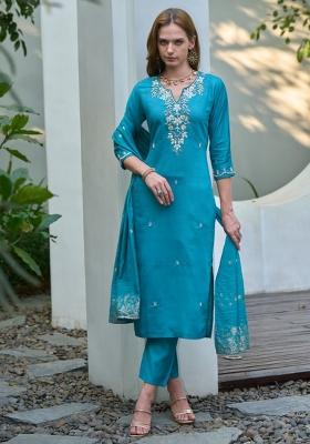 Aqua Blue Embroidered Cotton Silk Blend Salwar Kameez With Dupatta