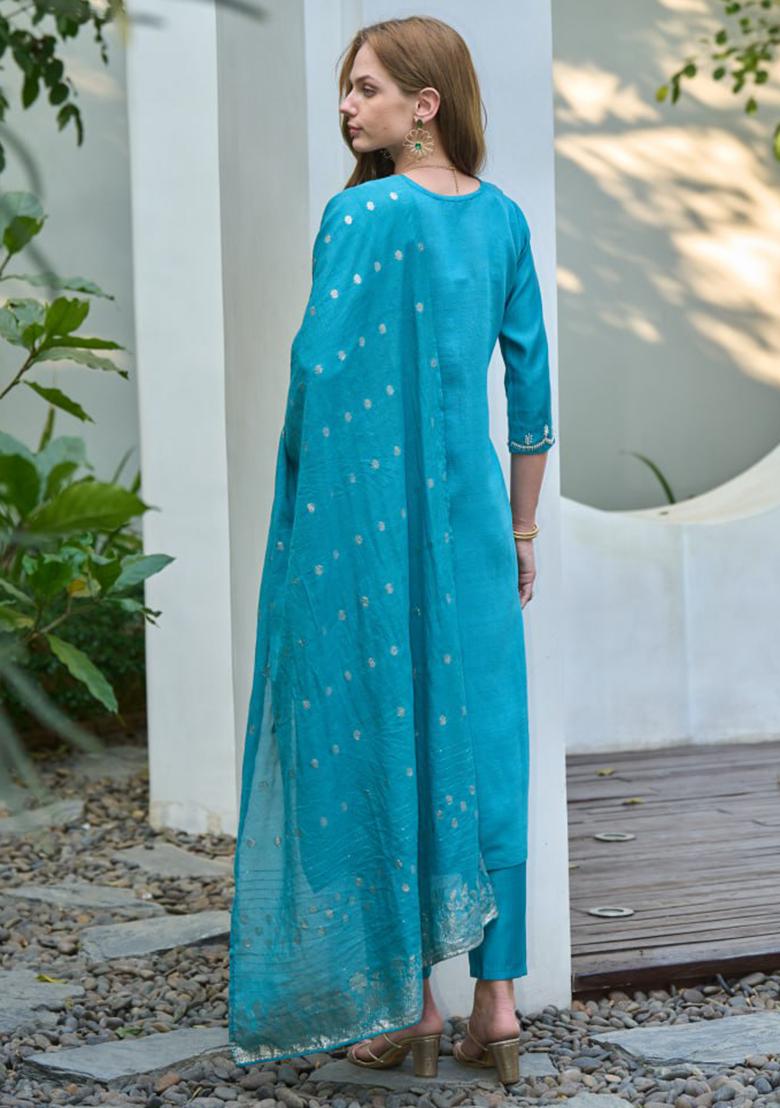 Aqua Blue Embroidered Cotton Silk Blend Salwar Kameez With Dupatta