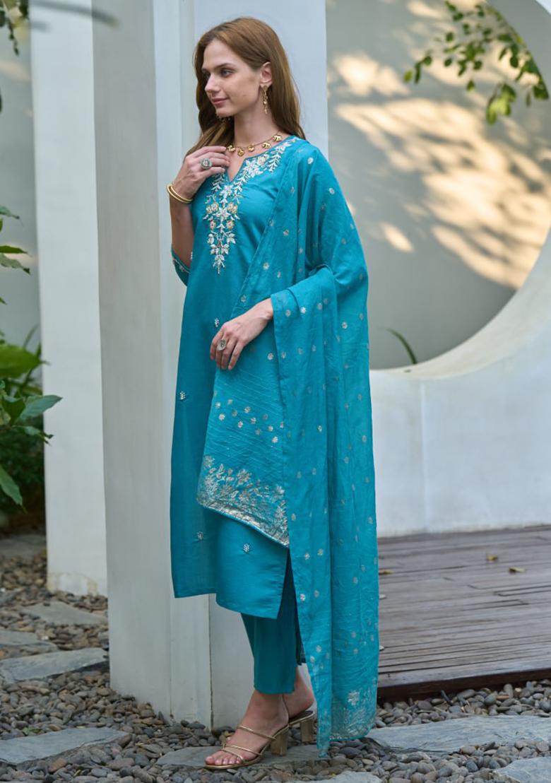 Aqua Blue Embroidered Cotton Silk Blend Salwar Kameez With Dupatta