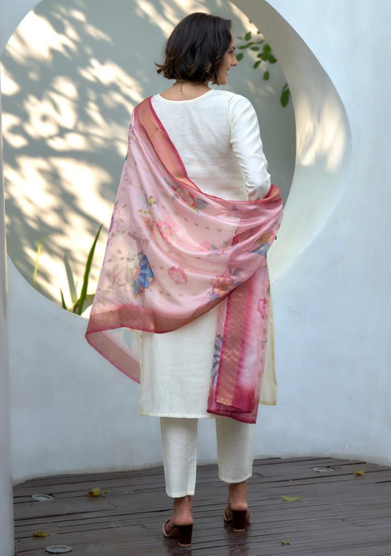 Off White Embroidered Cotton Silk Blend Salwar Kameez With Dupatta