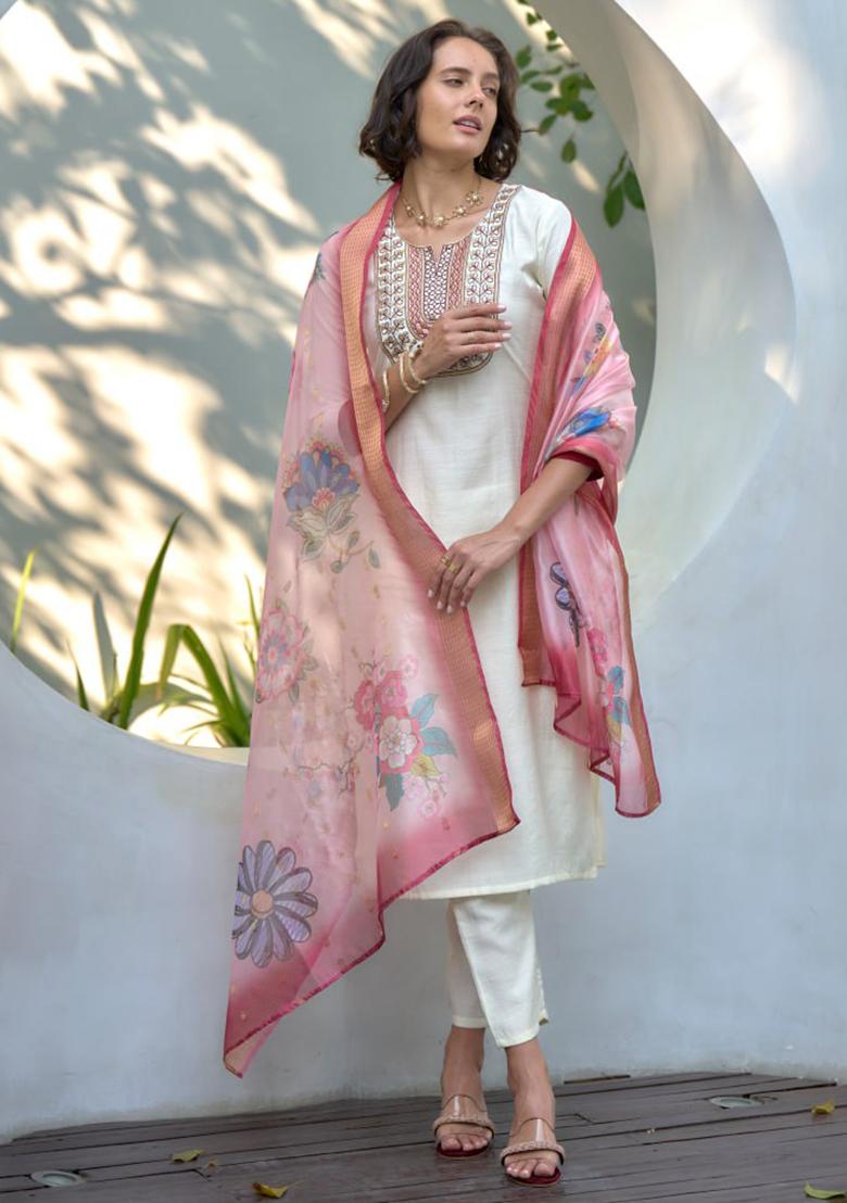 Off White Embroidered Cotton Silk Blend Salwar Kameez With Dupatta