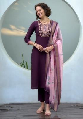 Wine Embroidered Cotton Silk Blend Salwar Kameez With Dupatta