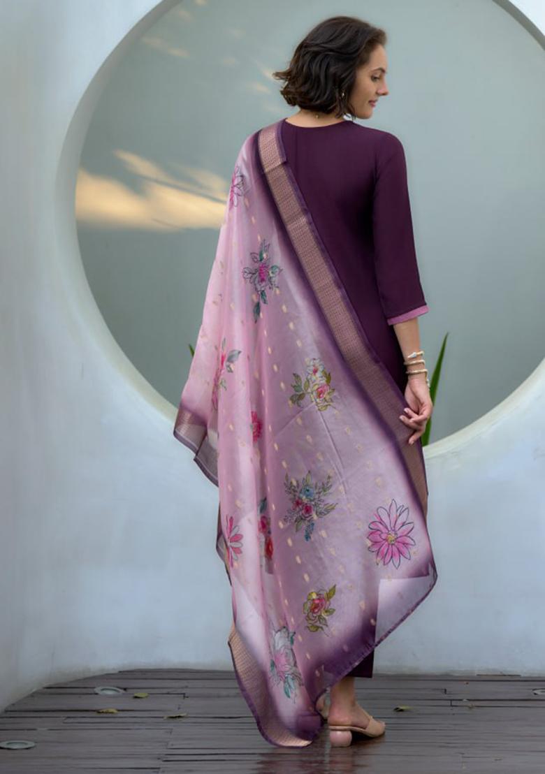 Wine Embroidered Cotton Silk Blend Salwar Kameez With Dupatta