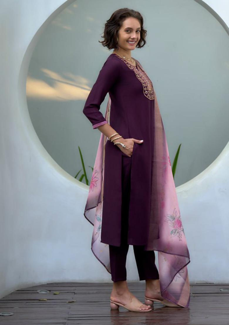 Wine Embroidered Cotton Silk Blend Salwar Kameez With Dupatta