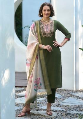 Olive Green Embroidered Cotton Silk Blend Salwar Kameez With Dupatta