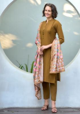 Chiku Brown Solid Cotton Silk Blend Salwar Kameez With Dupatta