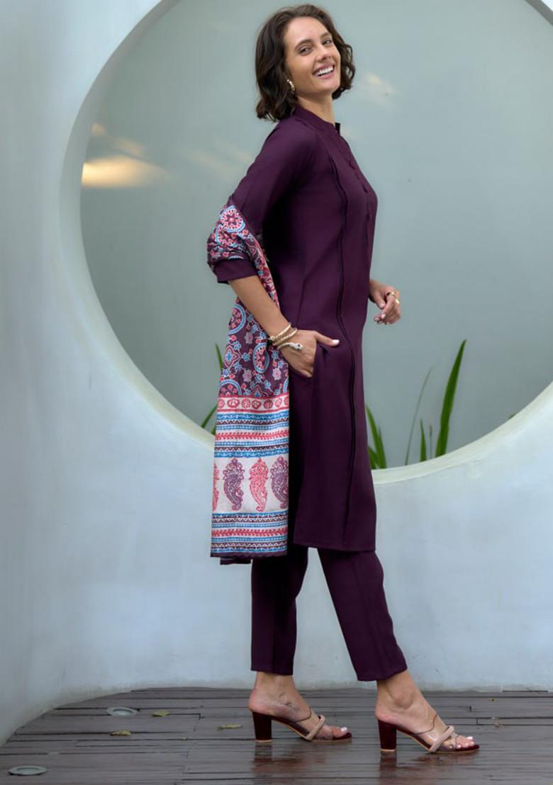 Wine Solid Cotton Silk Blend Salwar Kameez With Dupatta