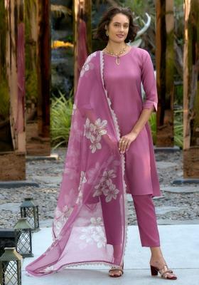 Purple Solid Cotton Silk Blend Salwar Kameez With Dupatta