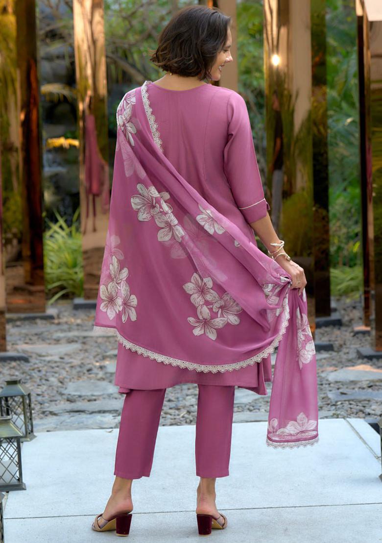 Purple Solid Cotton Silk Blend Salwar Kameez With Dupatta