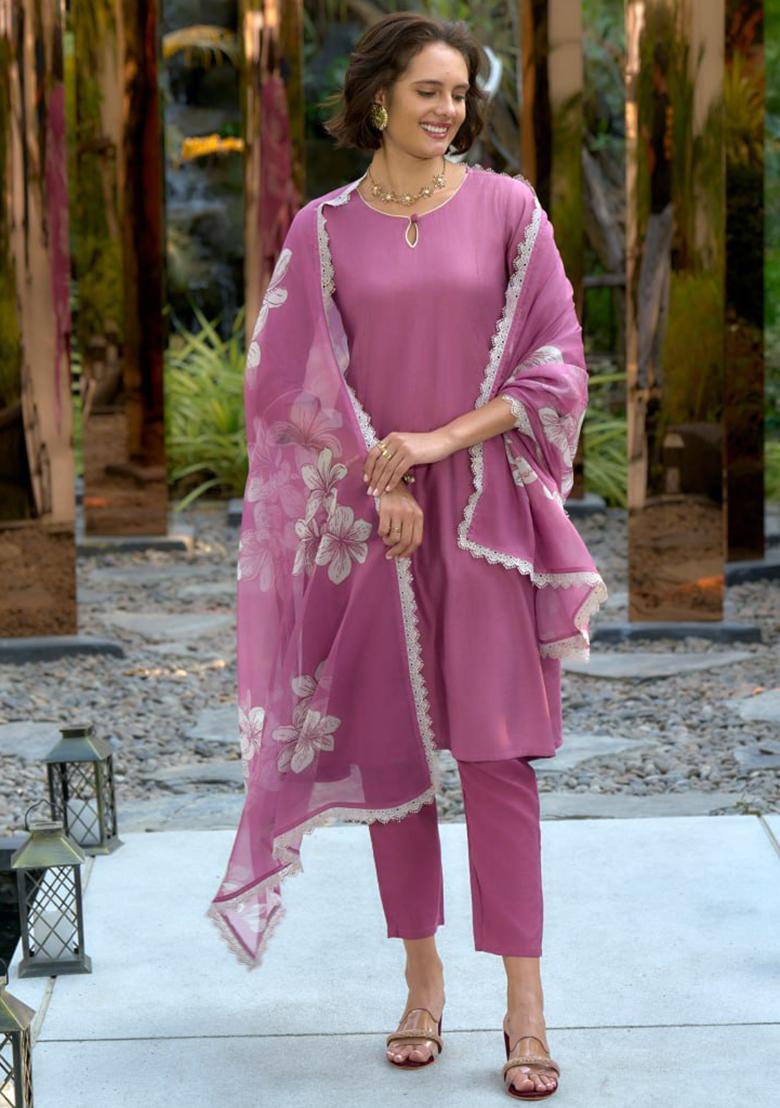 Purple Solid Cotton Silk Blend Salwar Kameez With Dupatta