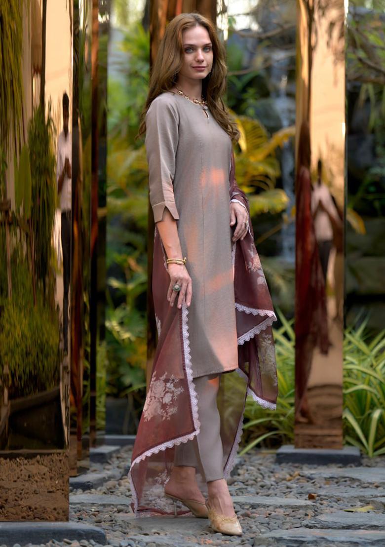 Grey Solid Cotton Silk Blend Salwar Kameez With Dupatta