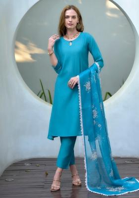 Aqua Blue Solid Cotton Silk Blend Salwar Kameez With Dupatta