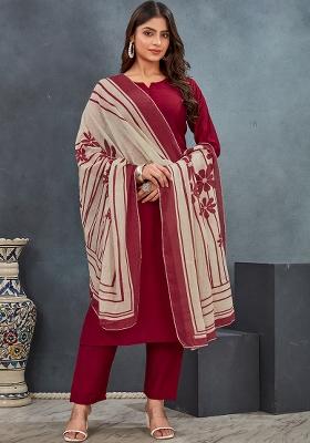 Red Solid Roman Silk Salwar Kameez With Dupatta