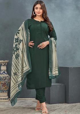 Green Solid Roman Silk Salwar Kameez With Dupatta