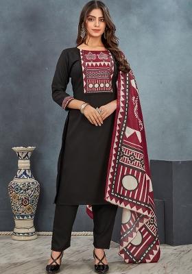Black Ajrakh Print Rayon Salwar Kameez With Dupatta