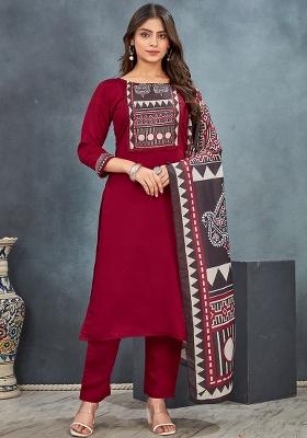 Red Ajrakh Print Rayon Salwar Kameez With Dupatta