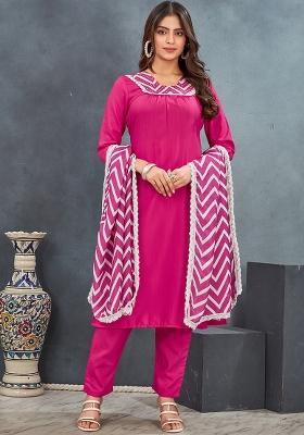 Pink Zigzag Print Rayon Salwar Kameez With Dupatta