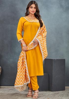Yellow Zigzag Print Rayon Salwar Kameez With Dupatta