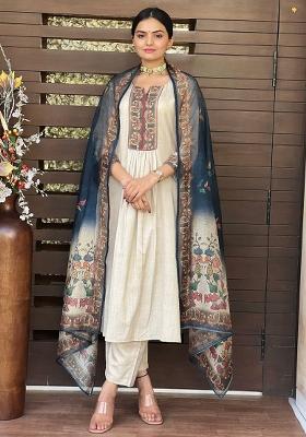 Beige Kalamkari Print Rayon Salwar Kameez With Dupatta