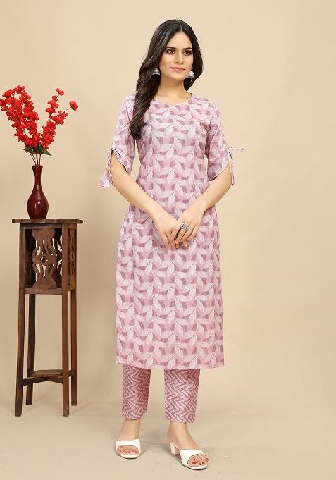 Light Pink Leaf Block Print Cotton Salwar Kameez With Dupatta