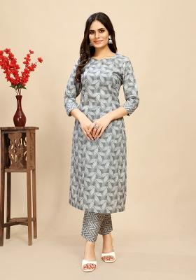 Grey Leaf Block Print Cotton Salwar Kameez
