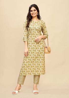 Yellow Leaf Block Print Cotton Salwar Kameez