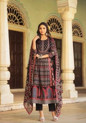 Multi Color Block Print Cotton Anarkali Set With Dupatta