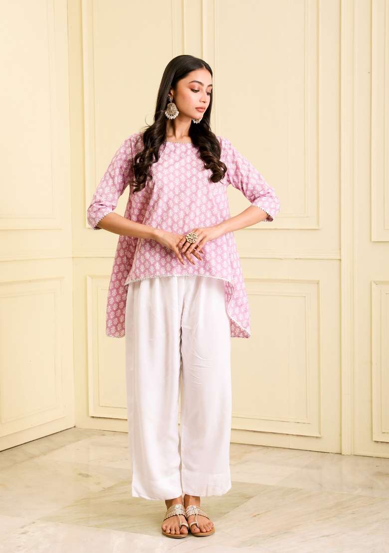 Lavender Block Print  Organic Cotton Short Kurta - Indya