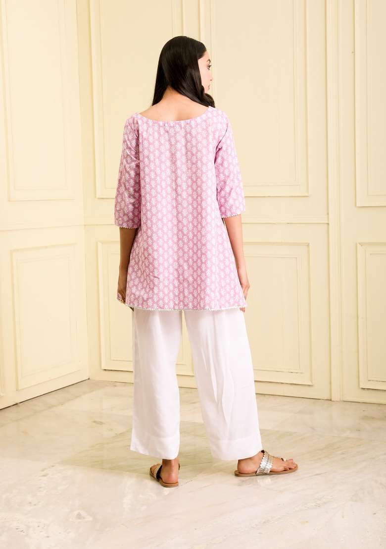 Lavender Block Print  Organic Cotton Short Kurta - Indya