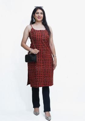 Rust And Black Dot Print Cotton Fusion Kurta