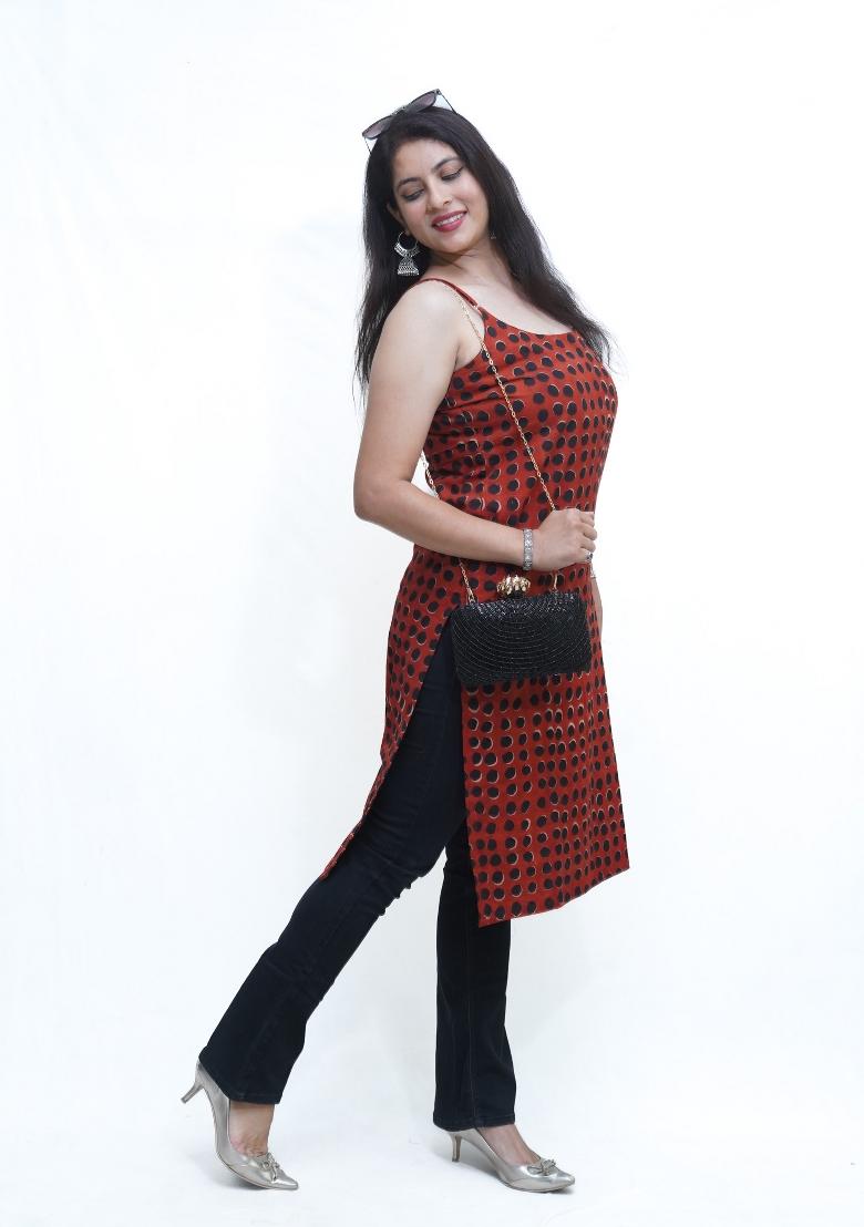 Rust And Black Dot Print Cotton Fusion Kurta