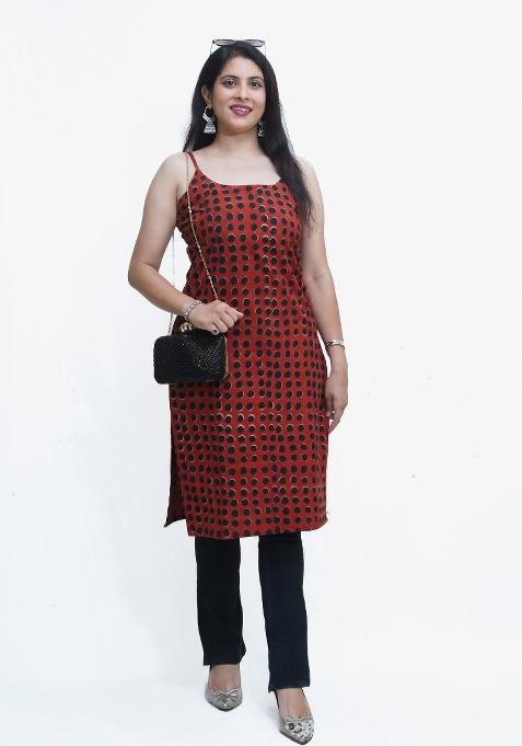 Rust And Black Dot Print Cotton Fusion Kurta
