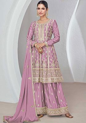 Lilac Embroidered Chinnon Anarkali Set With Dupatta