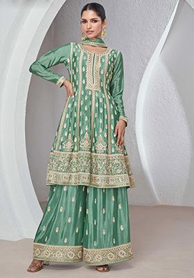 Teal Green Embroidered Chinnon Anarkali Set With Dupatta