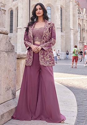 Mauve Embroidered Silk Palazzo Set With Jacket