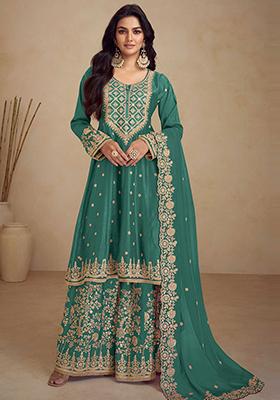 Teal Green Embroidered Chinnon Anarkali Set With Dupatta