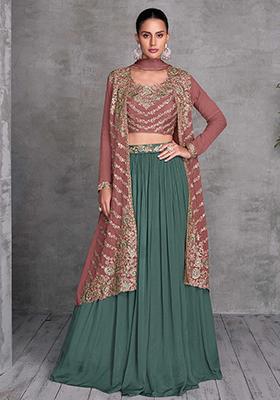 Rose Gold Embroidered Chinnon Lehenga Set With Dupatta