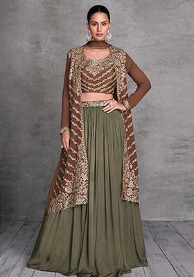 Brown Embroidered Chinnon Lehenga Set With Dupatta