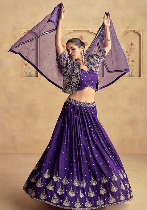 Purple Embroidered Chinnon Lehenga Set With Dupatta