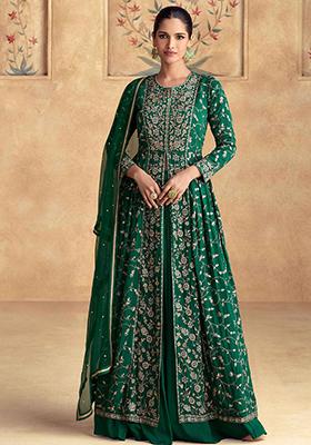 Green Embroidered Chinnon Anarkali Set With Dupatta