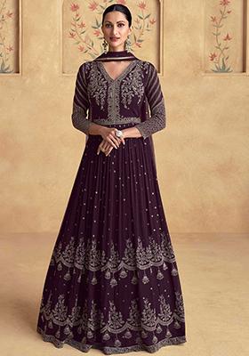 Wine Embroidered Georgette Anarkali Set With Dupatta