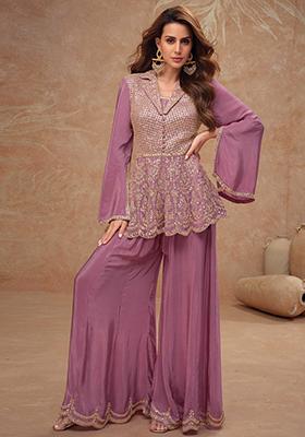 Mauve Pink Embroidered Chinnon Anarkali Set With Dupatta