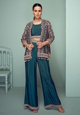 Teal Blue Embroidered Chinnon Palazzo Set With Jacket