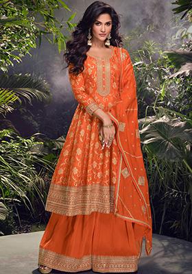 Orange Embroidered Silk Palazzo Set With Dupatta