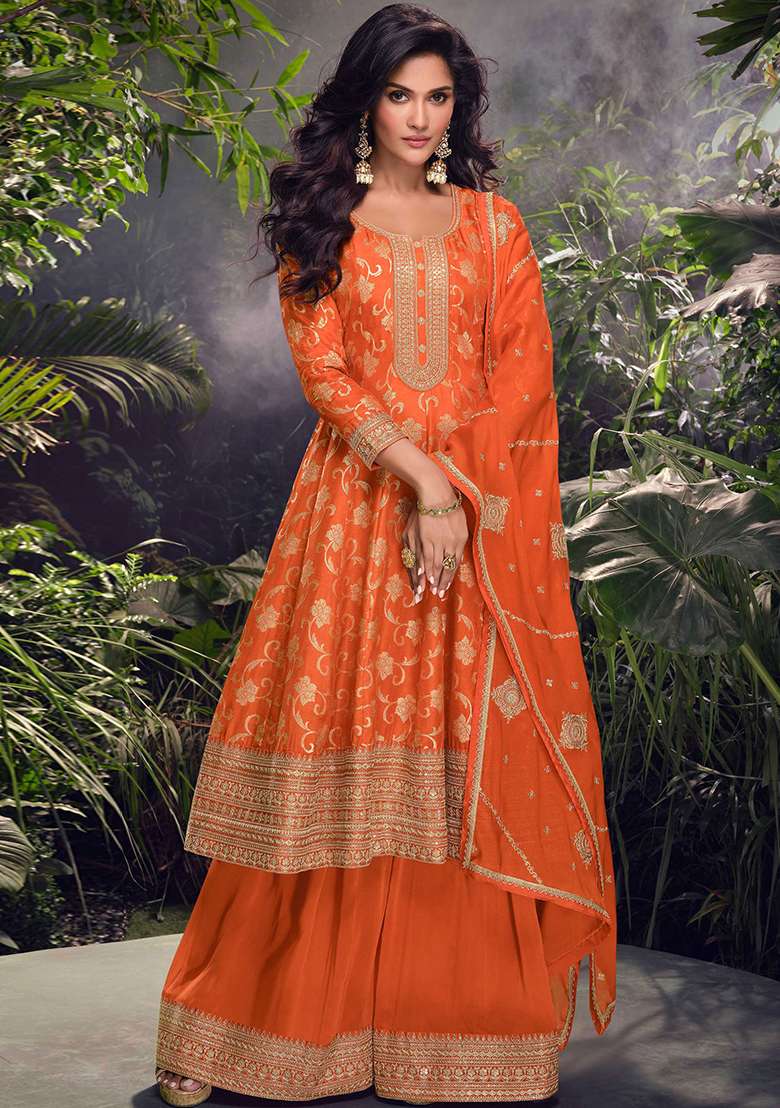 Orange Embroidered Silk Palazzo Set With Dupatta - Indya