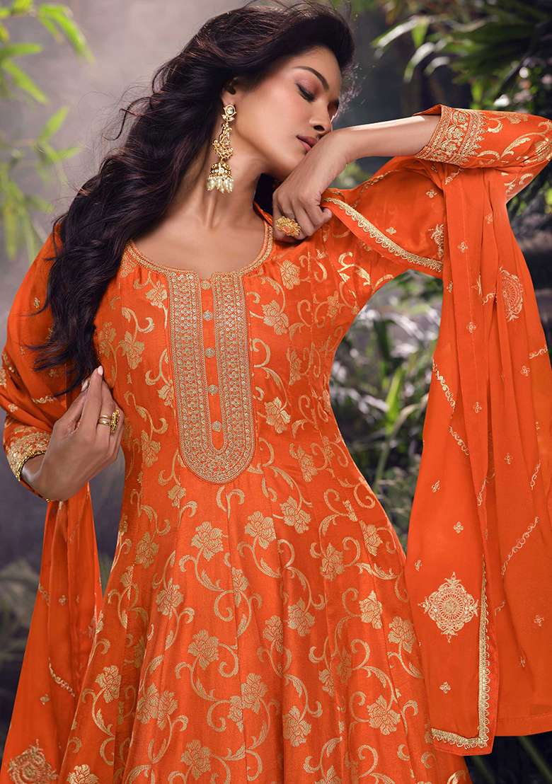 Orange Embroidered Silk Palazzo Set With Dupatta - Indya